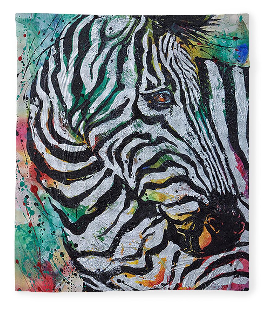 Zebra Fleece Blanket featuring the painting Looking Back by Jyotika Shroff