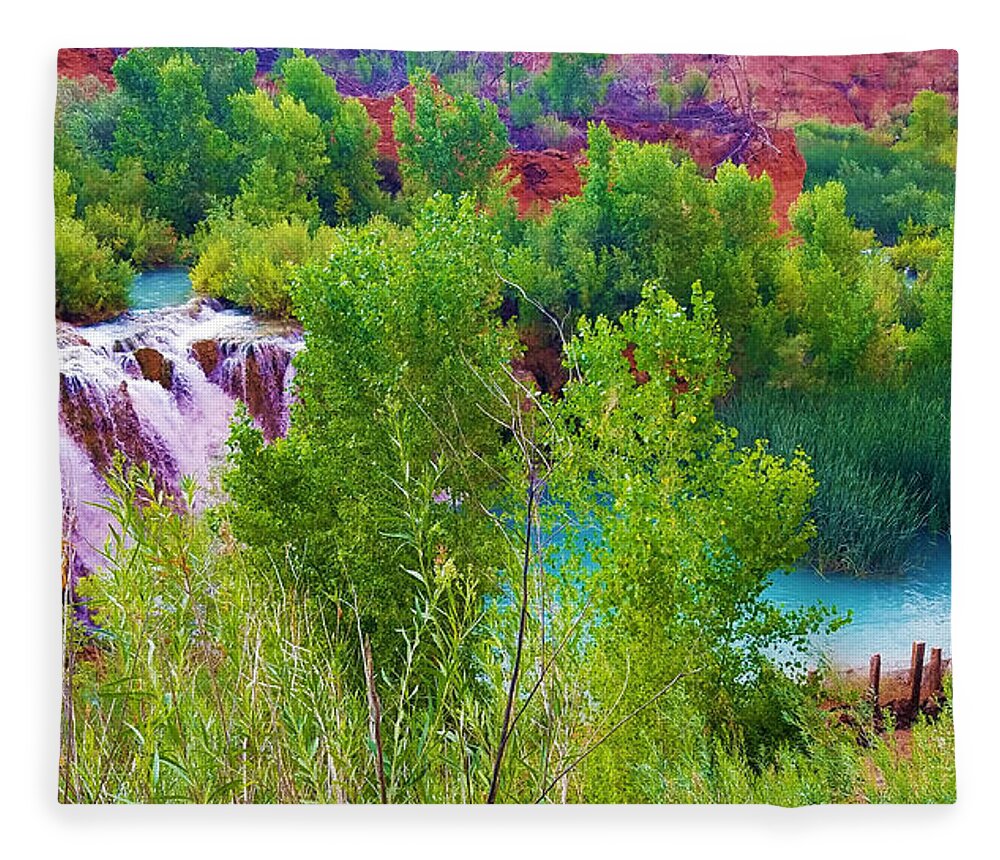 The Grand Canyon Fleece Blanket featuring the photograph Looking Down on Navajo Falls and Havasu Creek by Gio