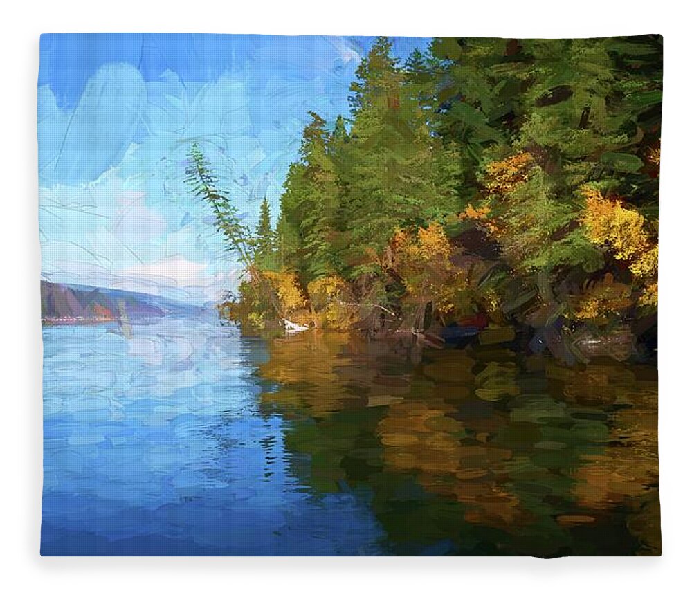 Photopainting Fleece Blanket featuring the photograph Loon Lake Autumn Oil Painting by Allan Van Gasbeck