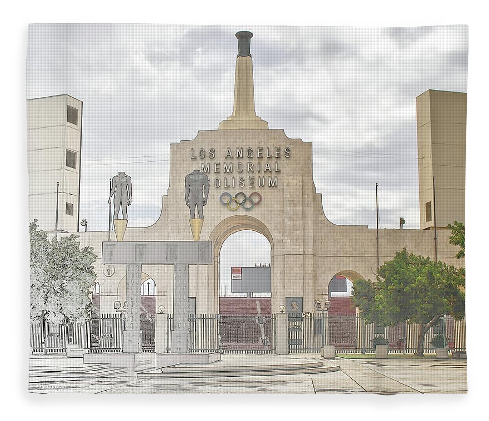 Los Angeles Fleece Blanket featuring the digital art Los Angeles Memorial Coliseum by Anthony Murphy