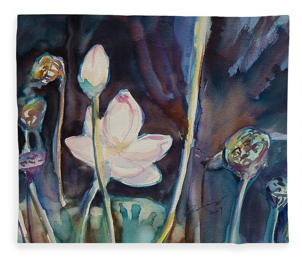 Watercolor Fleece Blanket featuring the painting Lotus Study II by Xueling Zou
