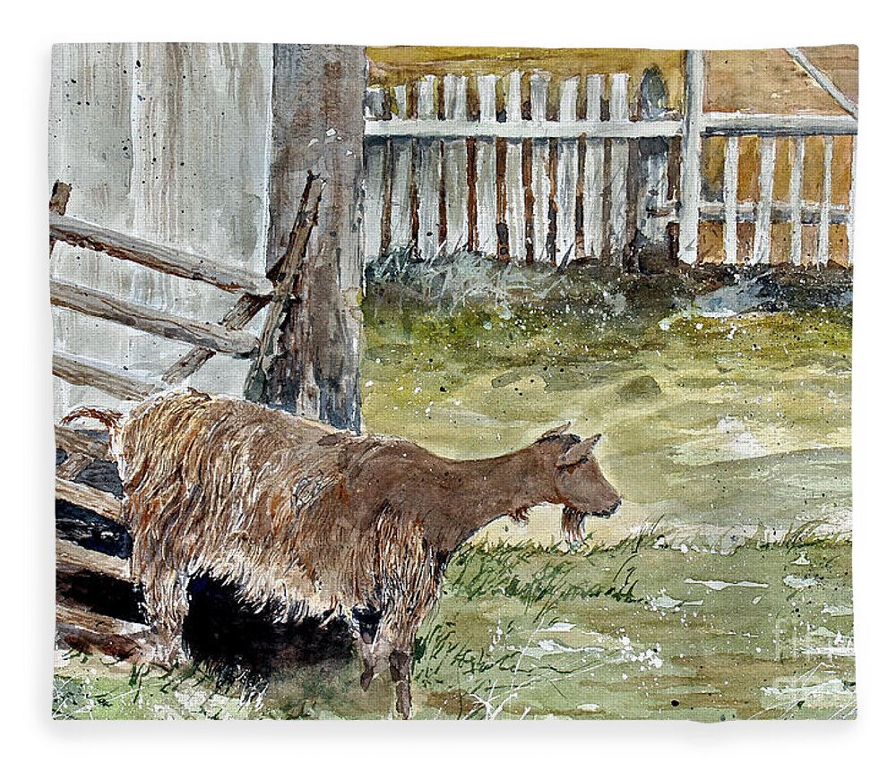 A Brown Goat Looks Out Across Its Pen At The Fortress Of Louisbourg Fleece Blanket featuring the painting Louisbourg Resident by Monte Toon