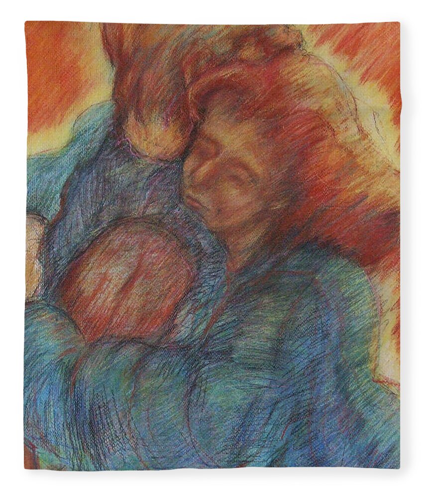 Original Art Pastel Chalk Drawing Lovers Couple Hug Embrace Love Fleece Blanket featuring the pastel Lovers Embrace by Katt Yanda