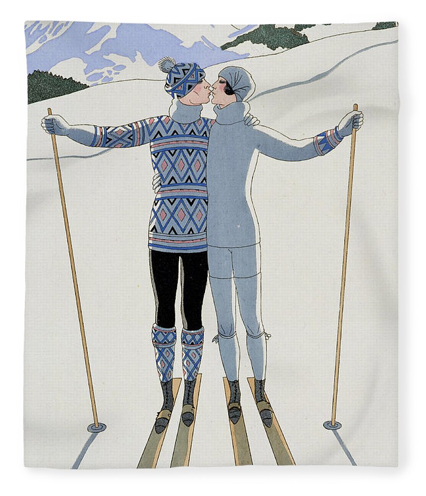 Winter: Lovers In The Snow Fleece Blanket featuring the painting Lovers in the Snow by Georges Barbier