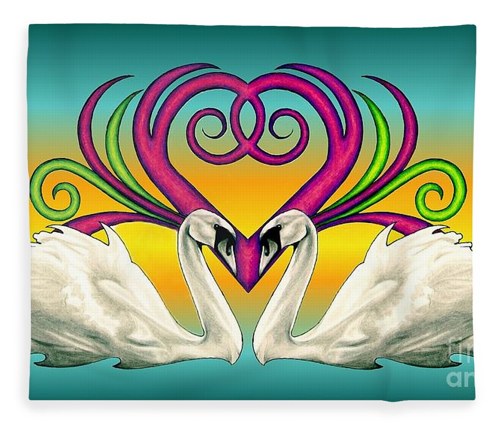 Swan Fleece Blanket featuring the drawing Loving Souls by Sheryl Unwin