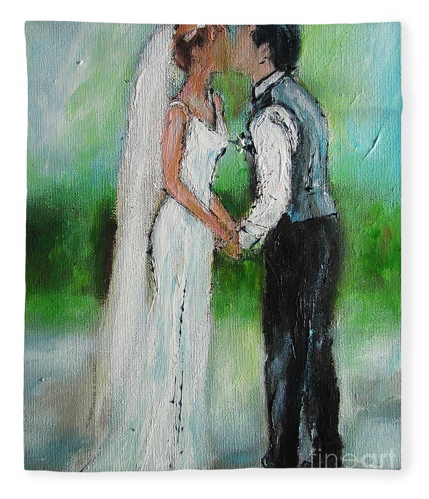 Loving Couple Artwork Fleece Blanket featuring the painting Painting Of Loving Wedding Couple by Mary Cahalan Lee - aka PIXI