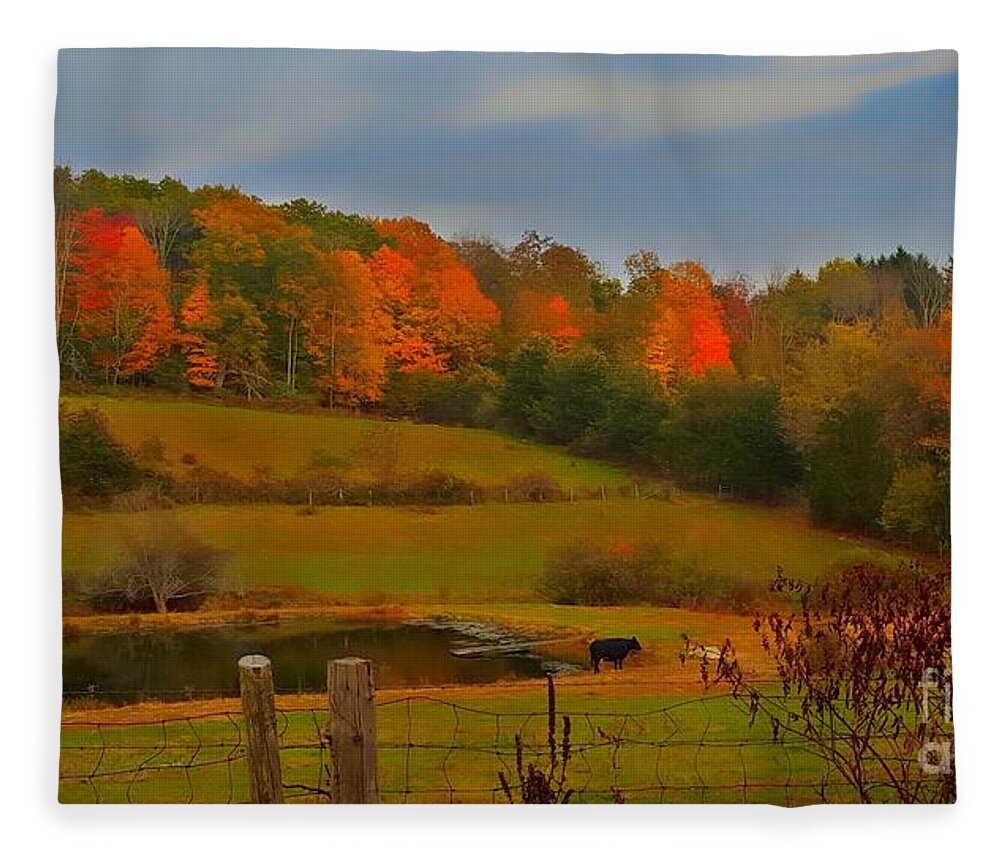 Autumn Fleece Blanket featuring the photograph Lucky Cow by Dani McEvoy