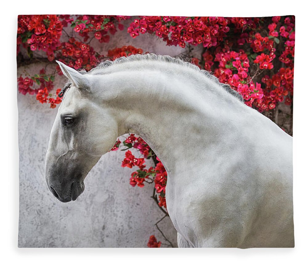 Russian Artists New Wave Fleece Blanket featuring the photograph Lusitano Portrait in Red Flowers by Ekaterina Druz