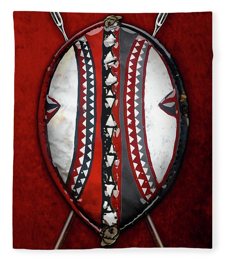 'war Shields' Collection By Serge Averbukh Fleece Blanket featuring the digital art Maasai War Shield with Spears on Red Velvet by Serge Averbukh