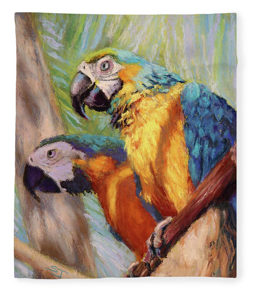 Parrots Fleece Blanket featuring the painting Macaws in the Sunshine by Susan Jenkins
