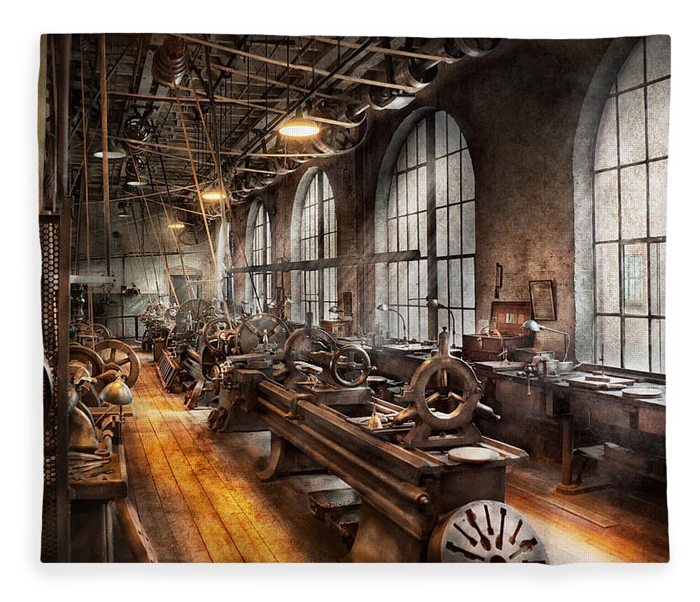 Hdr Fleece Blanket featuring the photograph Machinist - A room full of Lathes by Mike Savad