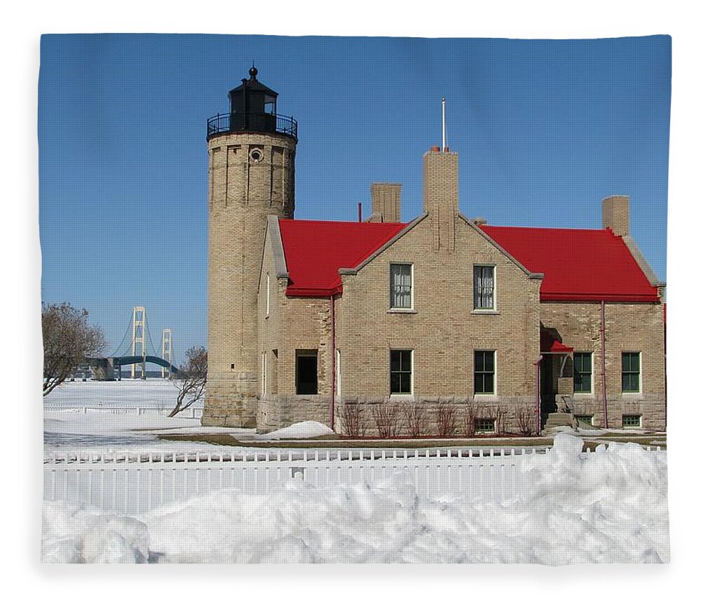Old Mackinac Point Fleece Blanket featuring the photograph Mackinac Bridge and Light by Keith Stokes