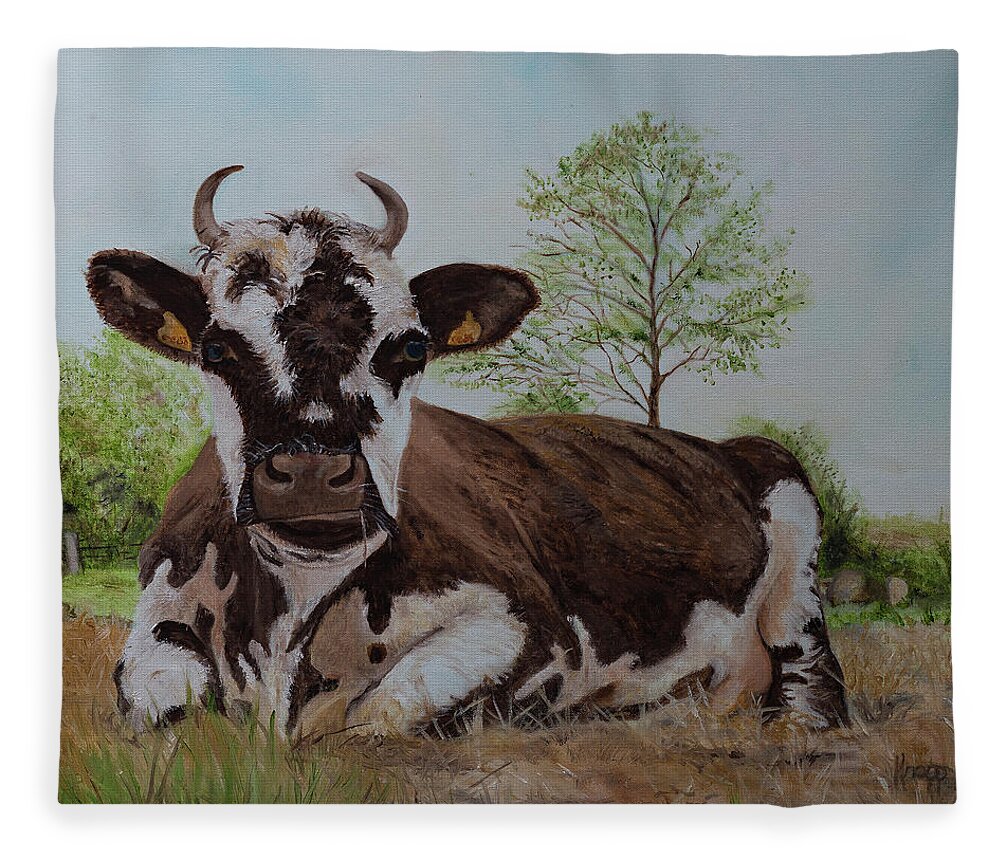 Cow In French Fleece Blanket featuring the painting Madame Vache by Kathy Knopp