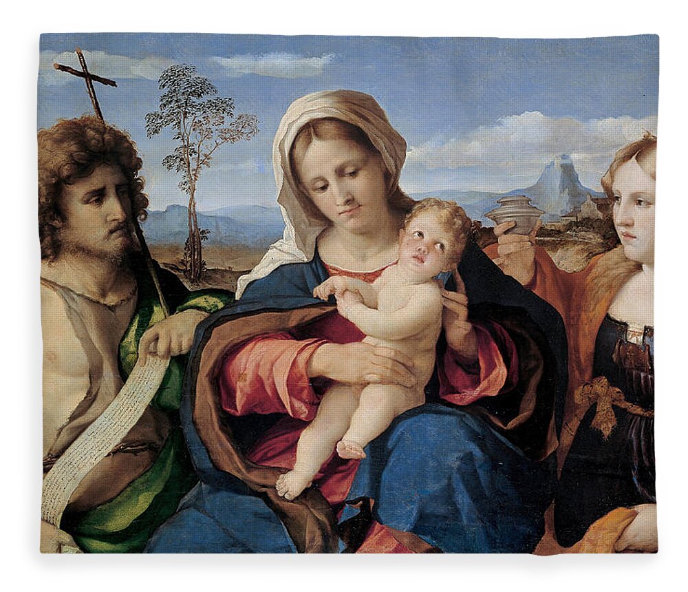 Palma Vecchio Fleece Blanket featuring the painting Madonna and Child with Saint John the Baptist and Magdalene by Palma Vecchio