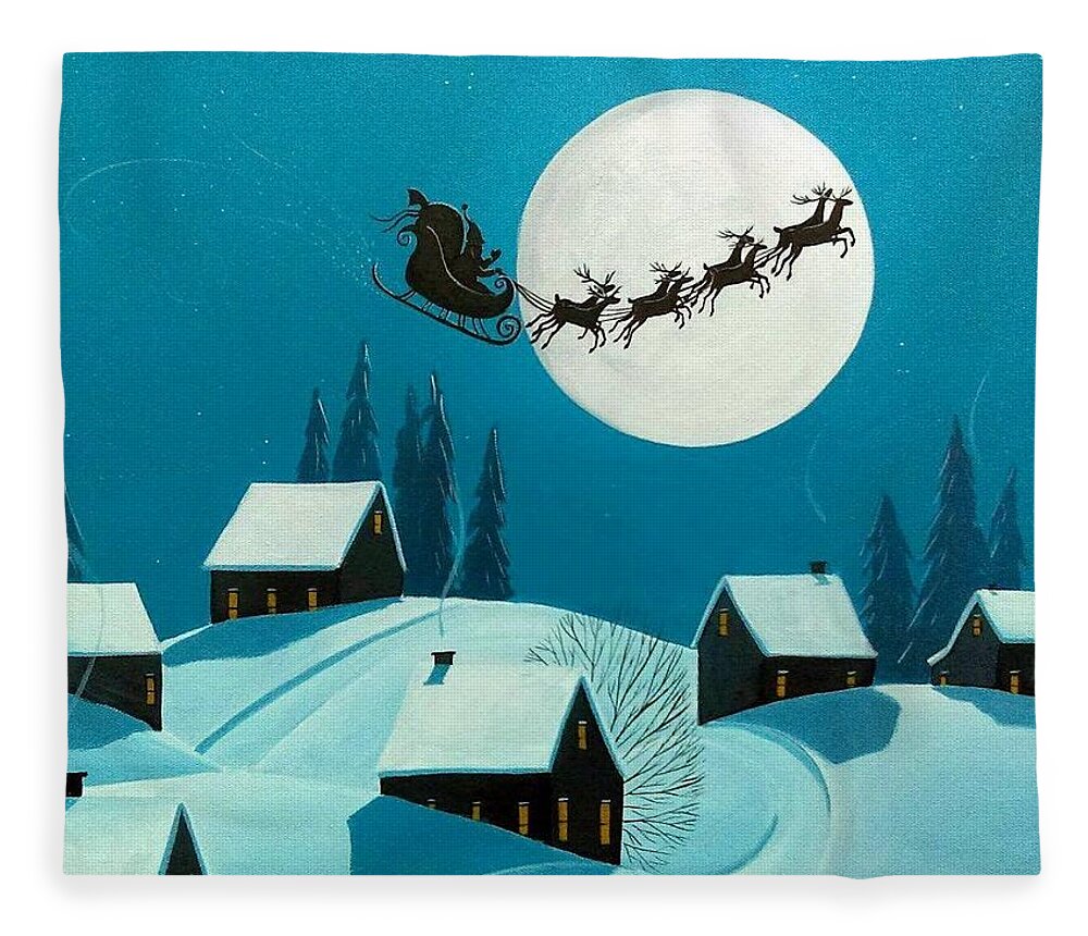 Art Fleece Blanket featuring the painting Magical Night - Santa reindeer Christmas landscape by Debbie Criswell