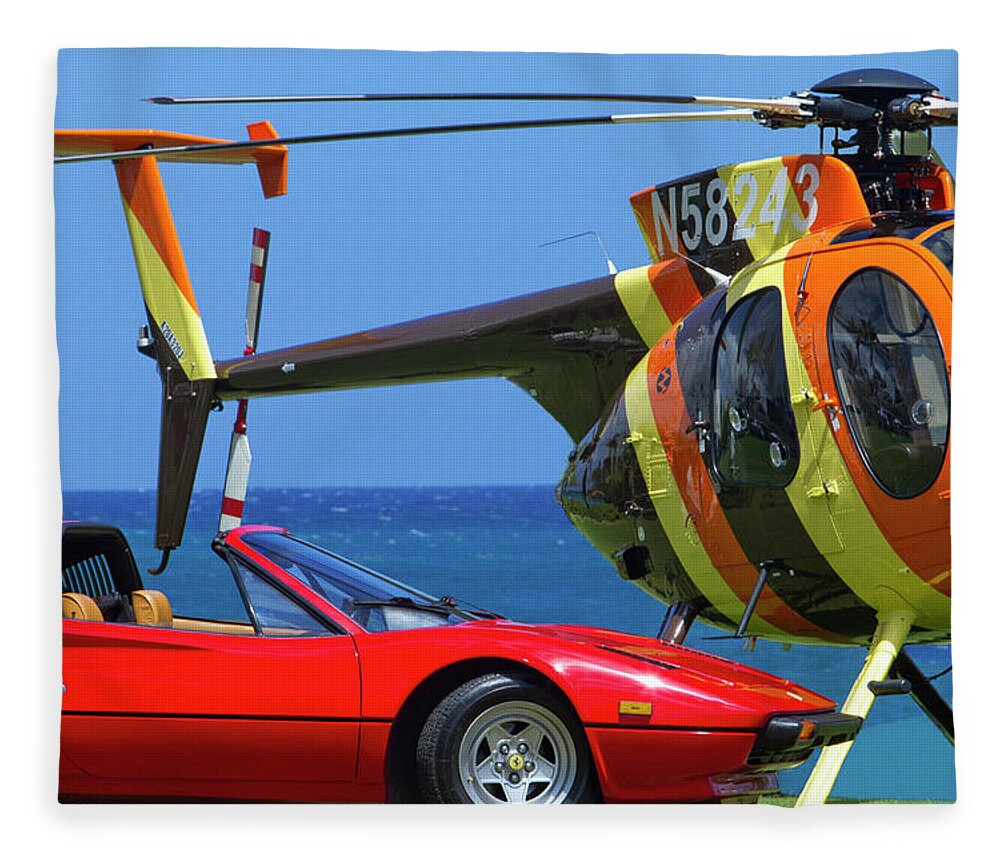  Magnum Pi Fleece Blanket featuring the photograph Magnum Helicopter and Ferrari by Sean Davey