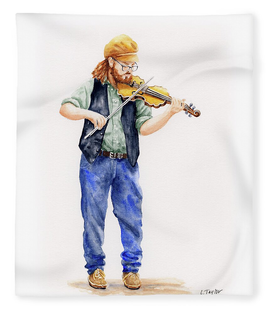 Musician Fleece Blanket featuring the painting Main Street Minstrel 1 by Lori Taylor