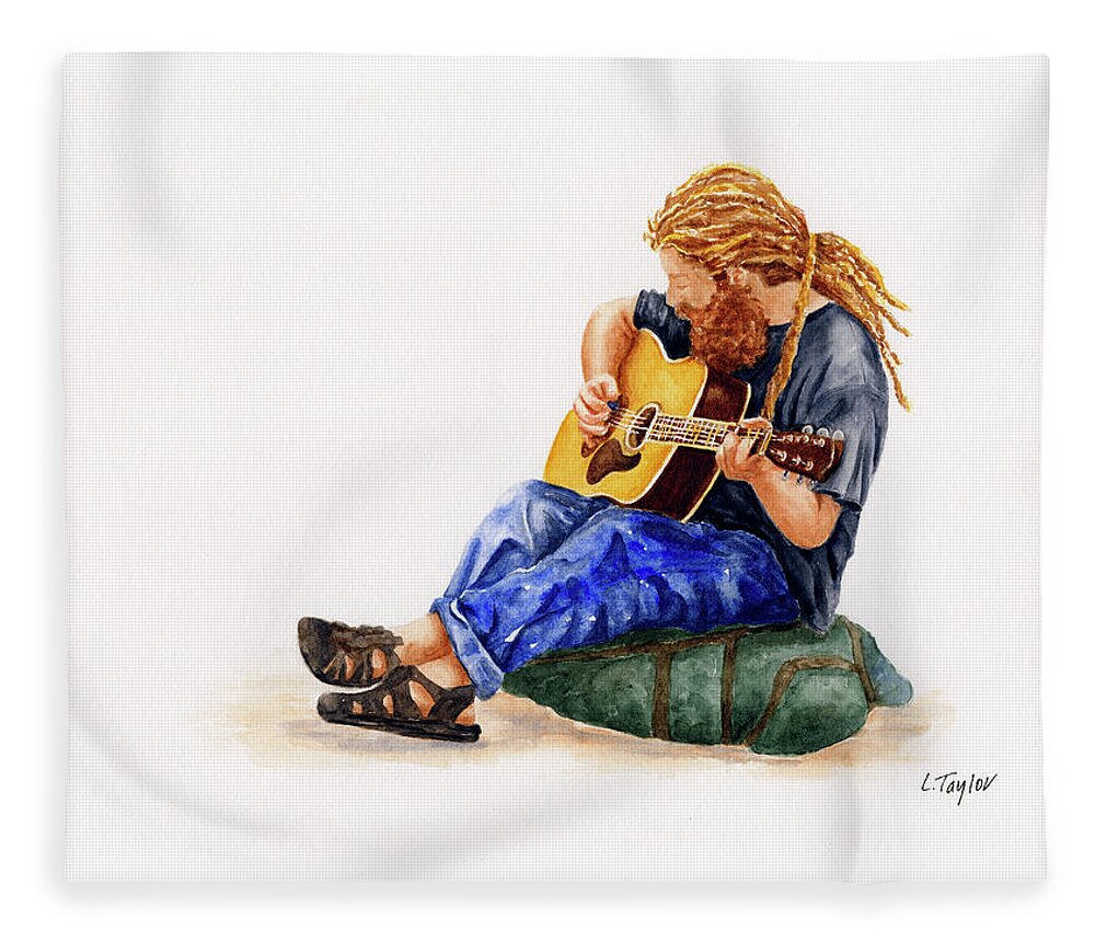 Musician Fleece Blanket featuring the painting Main Street Minstrel 2 by Lori Taylor