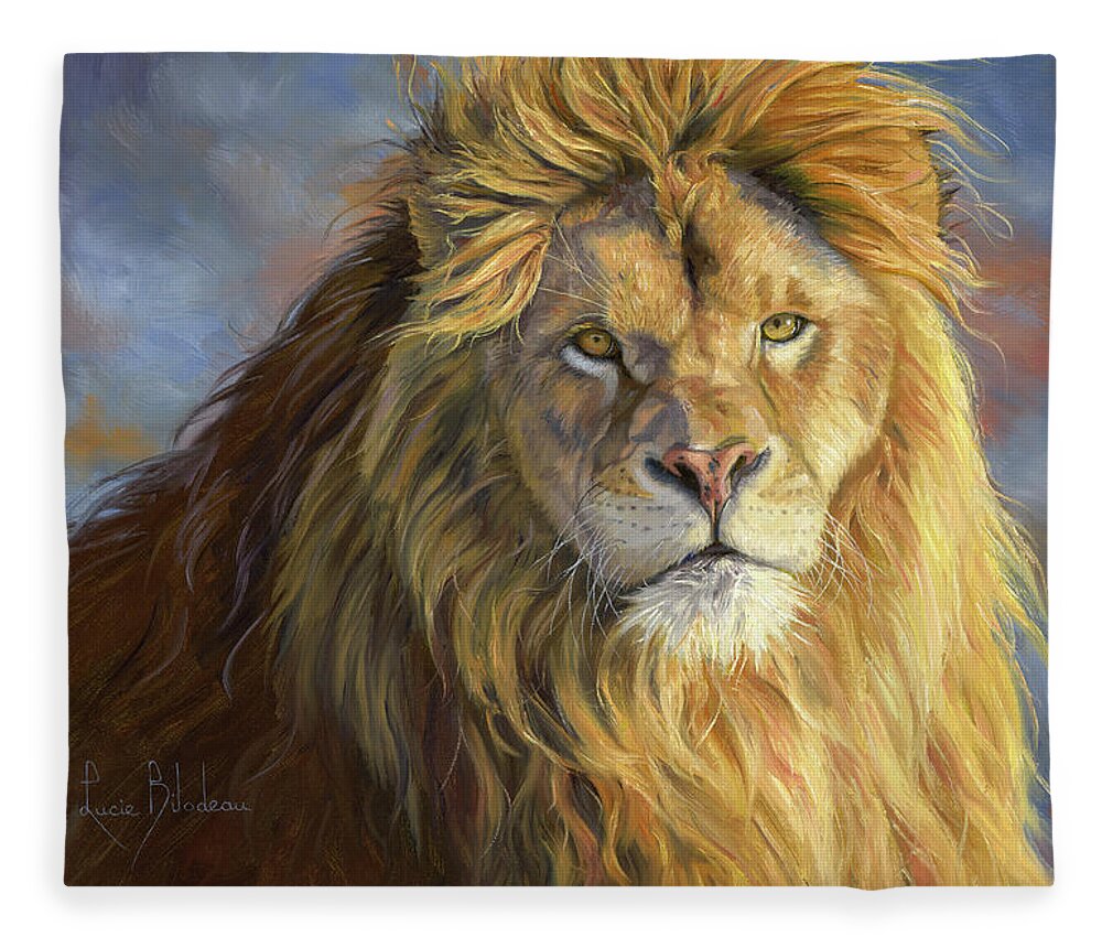 Lion Fleece Blanket featuring the painting Majestic King by Lucie Bilodeau