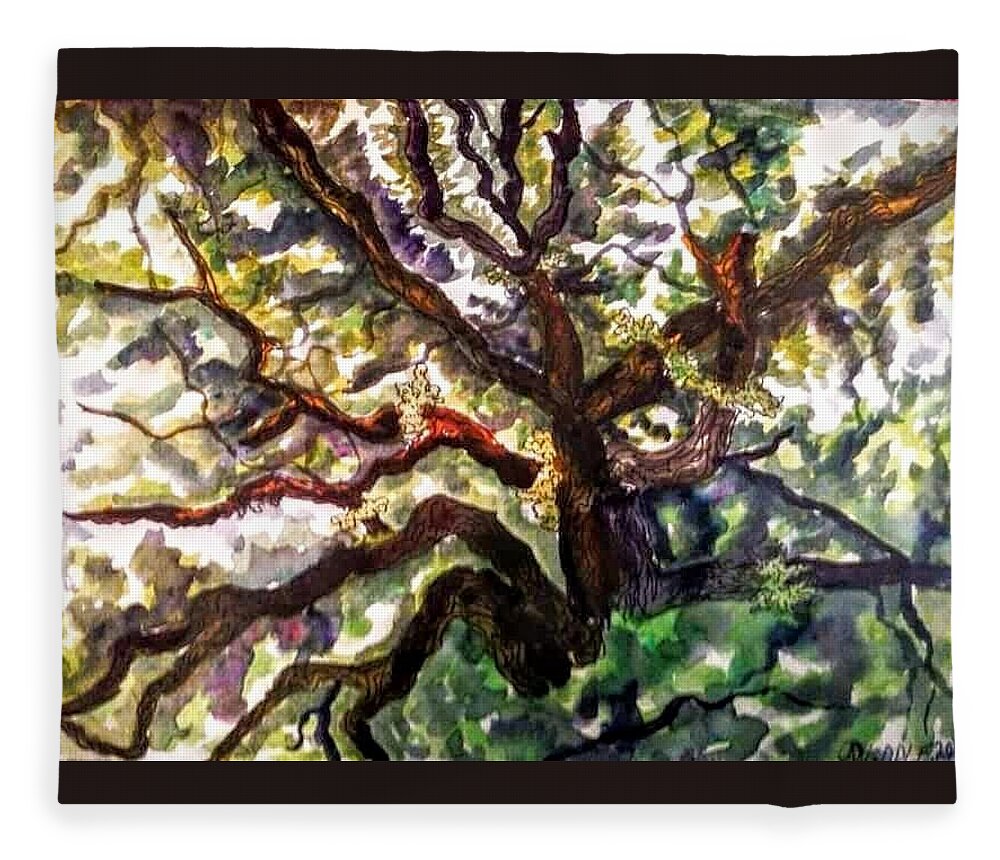 Landscape Fleece Blanket featuring the painting Majestic Oak by Angela Weddle