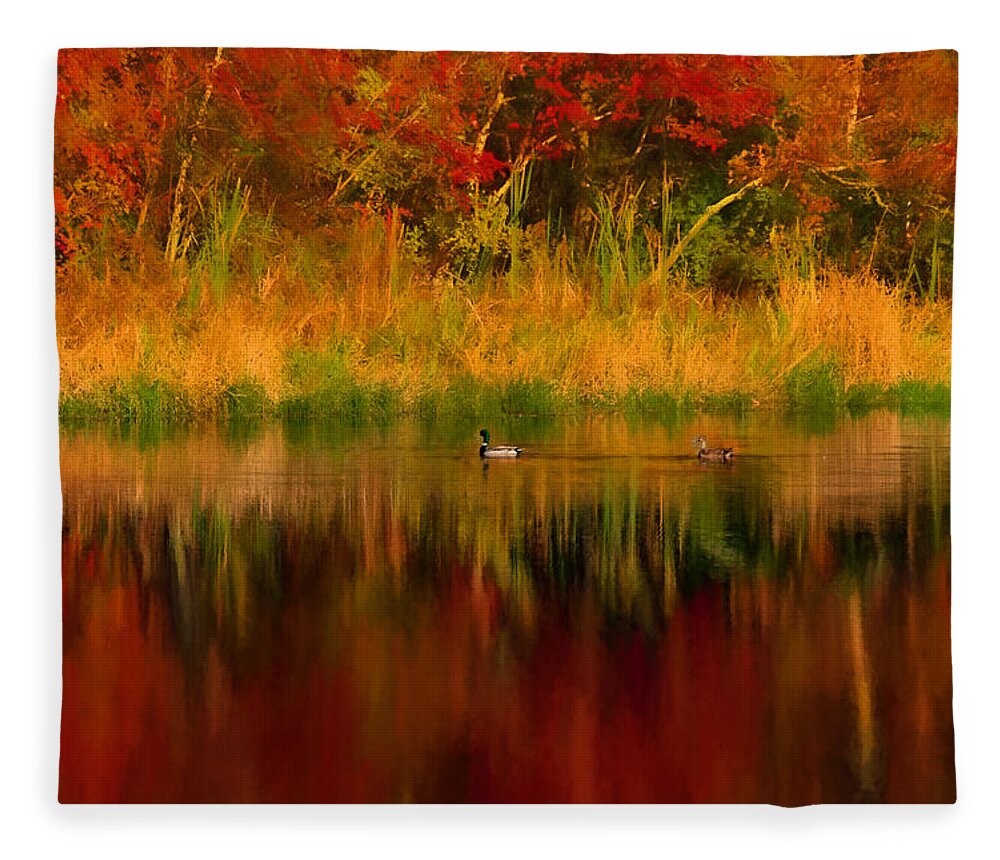 #jefffolger Fleece Blanket featuring the photograph Mallards through reflection of fall colors by Jeff Folger