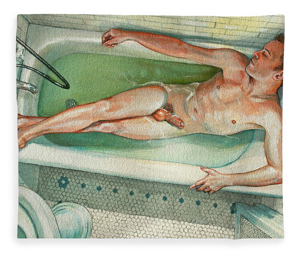 Male Nude Fleece Blanket featuring the painting Man in Bathtub #2 by Marc DeBauch