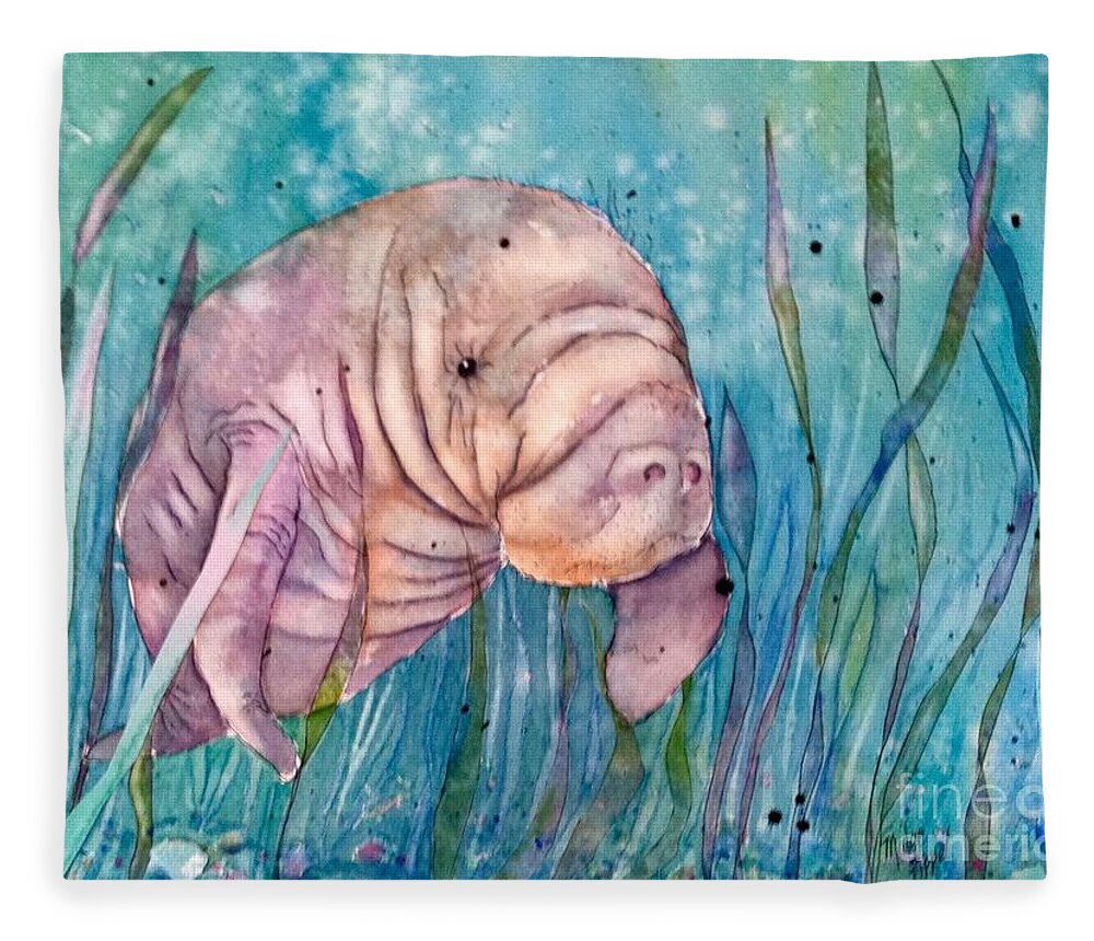 Manatee Fleece Blanket featuring the painting Manatee in the sea grass by Midge Pippel