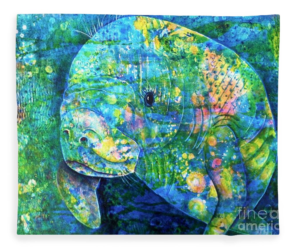 Manatee Fleece Blanket featuring the painting Manatee by Midge Pippel