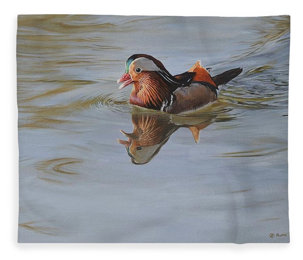 Wildlife Paintings Fleece Blanket featuring the painting Mandarin Duck by Alan M Hunt