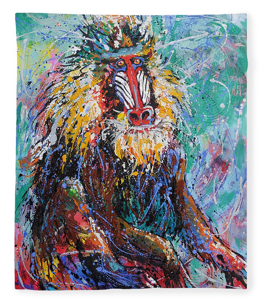The Mandrill Fleece Blanket featuring the painting Mandrill Baboon by Jyotika Shroff