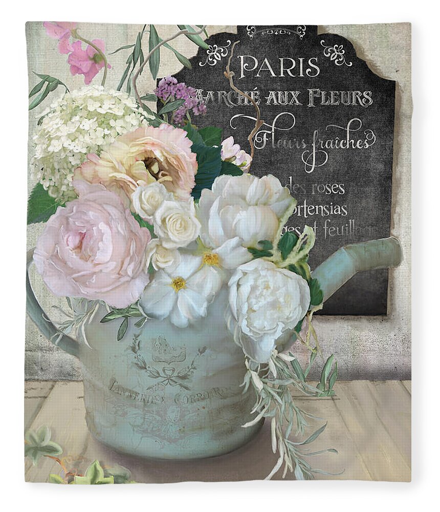 Watering Can Fleece Blanket featuring the painting Marche Paris Fleur Vintage Watering Can with Peonies by Audrey Jeanne Roberts