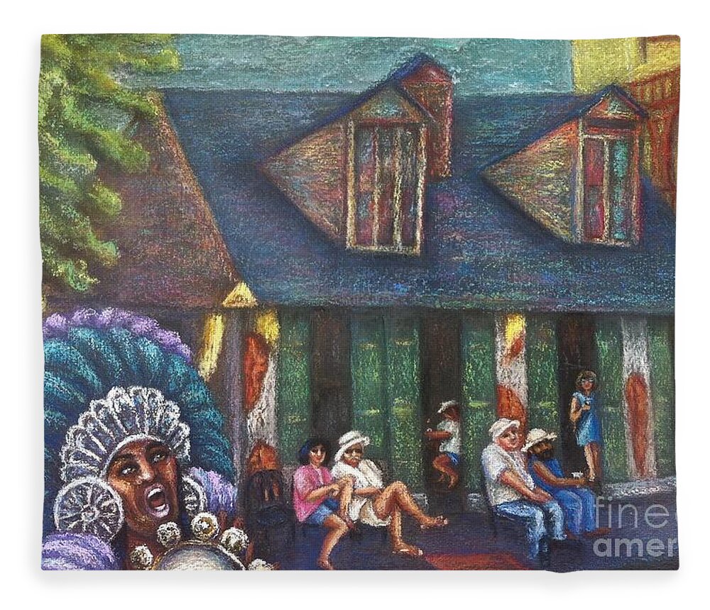 New Orleans Fleece Blanket featuring the painting Mardi Gras Indians at Blacksmith Shop by Beverly Boulet