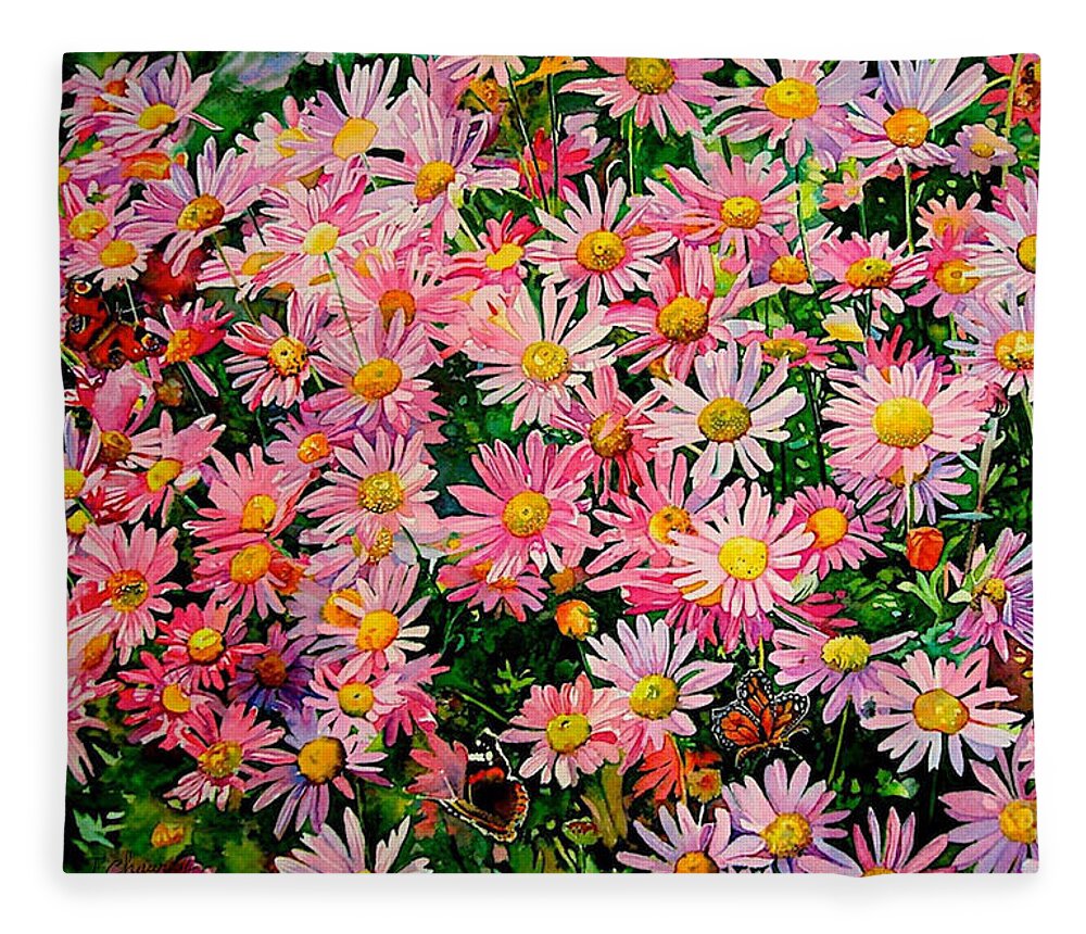 Daisy Fleece Blanket featuring the painting Marguerites et Papillons by Francoise Chauray