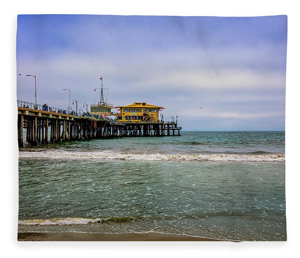 Santa Monica Pier Fleece Blanket featuring the photograph Mariasol On The Pier by Gene Parks