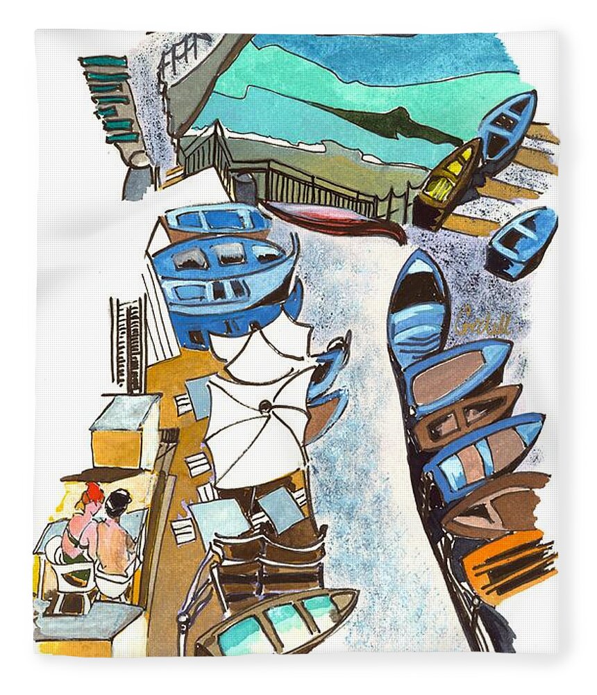 Italian Coastal Vistas Fleece Blanket featuring the painting Marina Riomaggiore by Joan Cordell