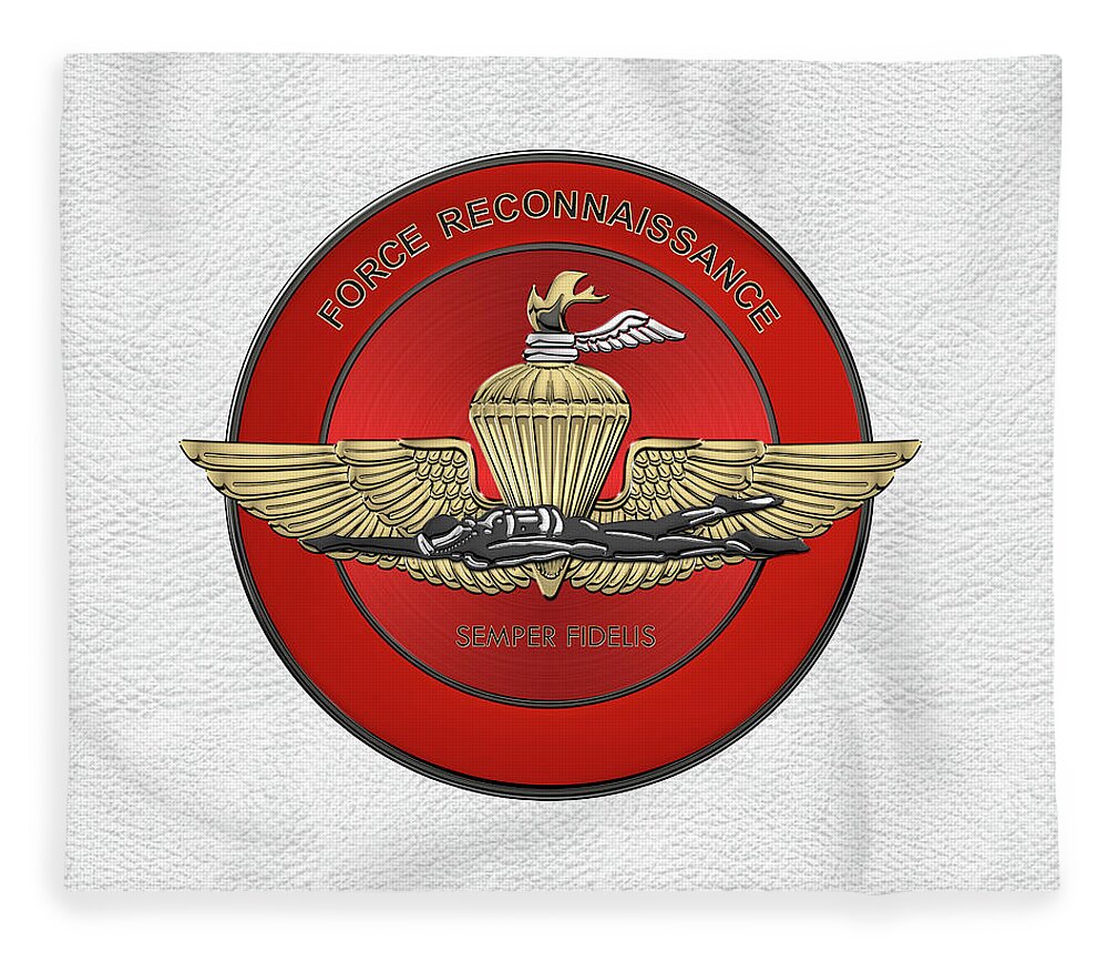 'military Insignia & Heraldry' Collection By Serge Averbukh Fleece Blanket featuring the digital art Marine Force Reconnaissance - U S M C  F O R E C O N Insignia over White Leather by Serge Averbukh