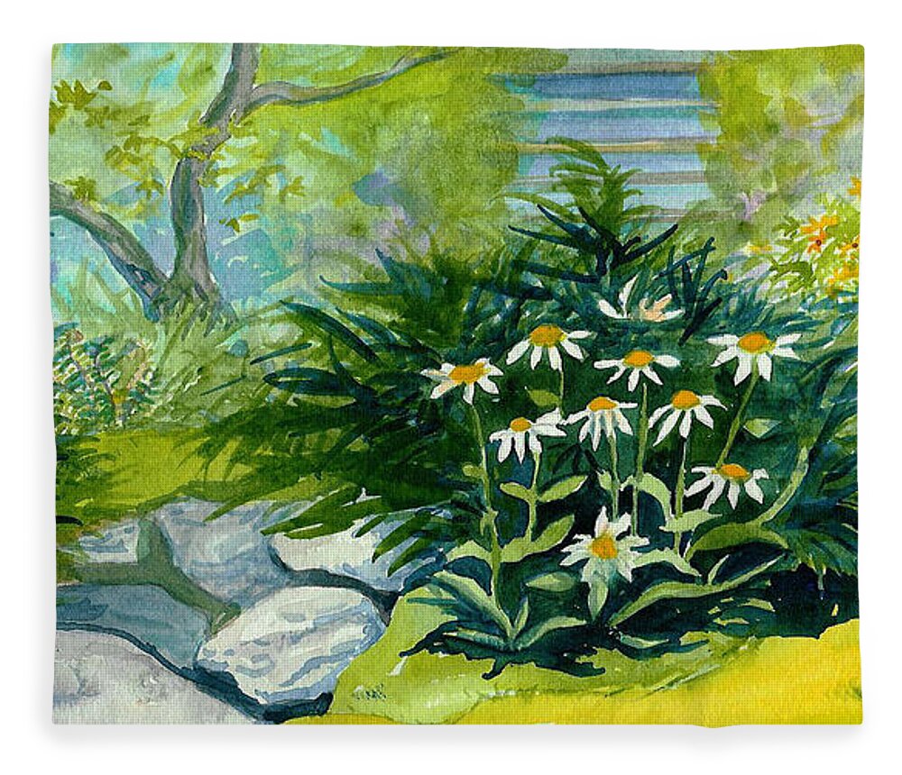 Daisy Fleece Blanket featuring the painting Martha's Backyqard by Anne Marie Brown
