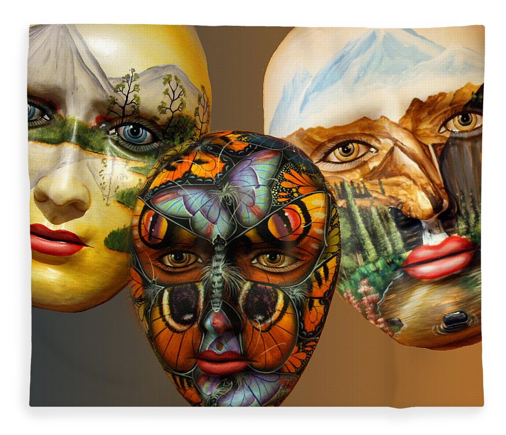 Mask Fleece Blanket featuring the photograph Masks on the Wall by Farol Tomson