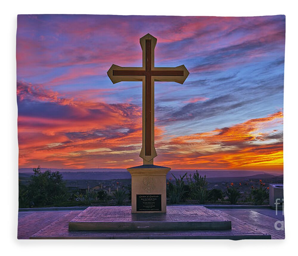 Mater Dei Fleece Blanket featuring the photograph Christian Cross and Amazing Sunset by Sam Antonio