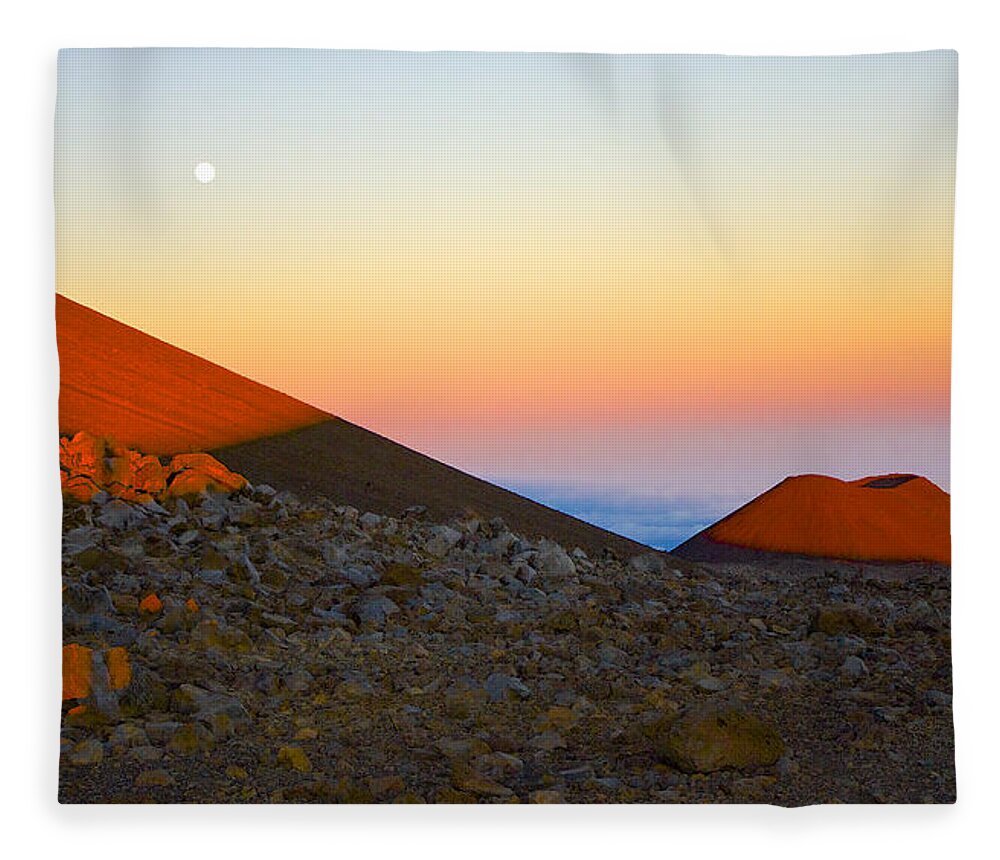 Mauna Kea Fleece Blanket featuring the photograph Mauna Kea Sunset with Full Moon Volcanoes National Park Hawaii by Venetia Featherstone-Witty