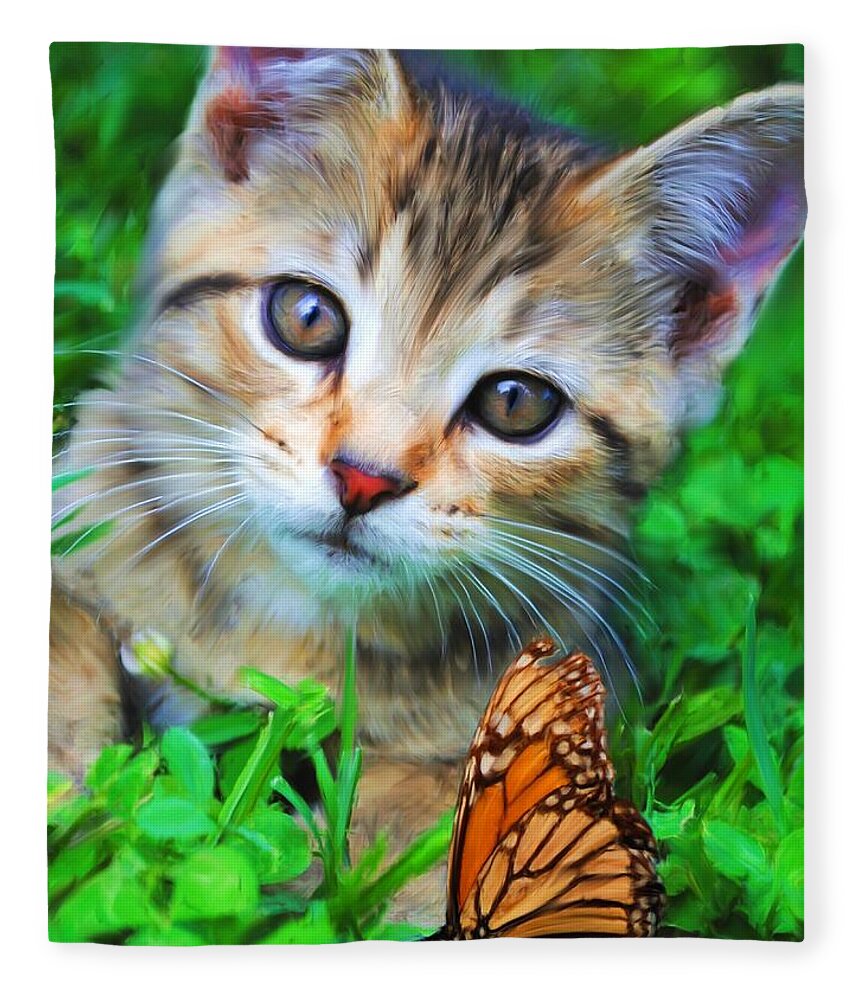 Kitten Fleece Blanket featuring the painting Me and My Monarch by Jai Johnson