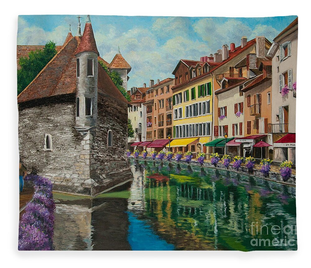Annecy France Art Fleece Blanket featuring the painting Medieval Jail in Annecy by Charlotte Blanchard