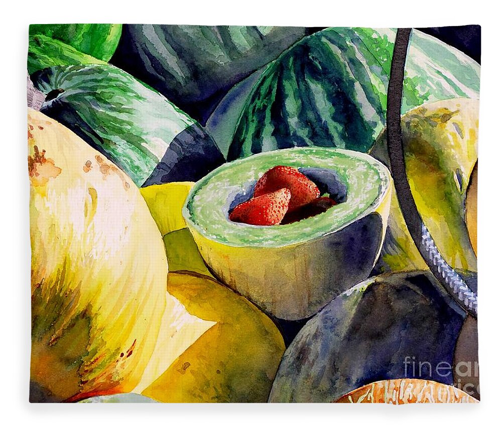 Still Life Fleece Blanket featuring the painting #18 Melons Plus #18 by William Lum