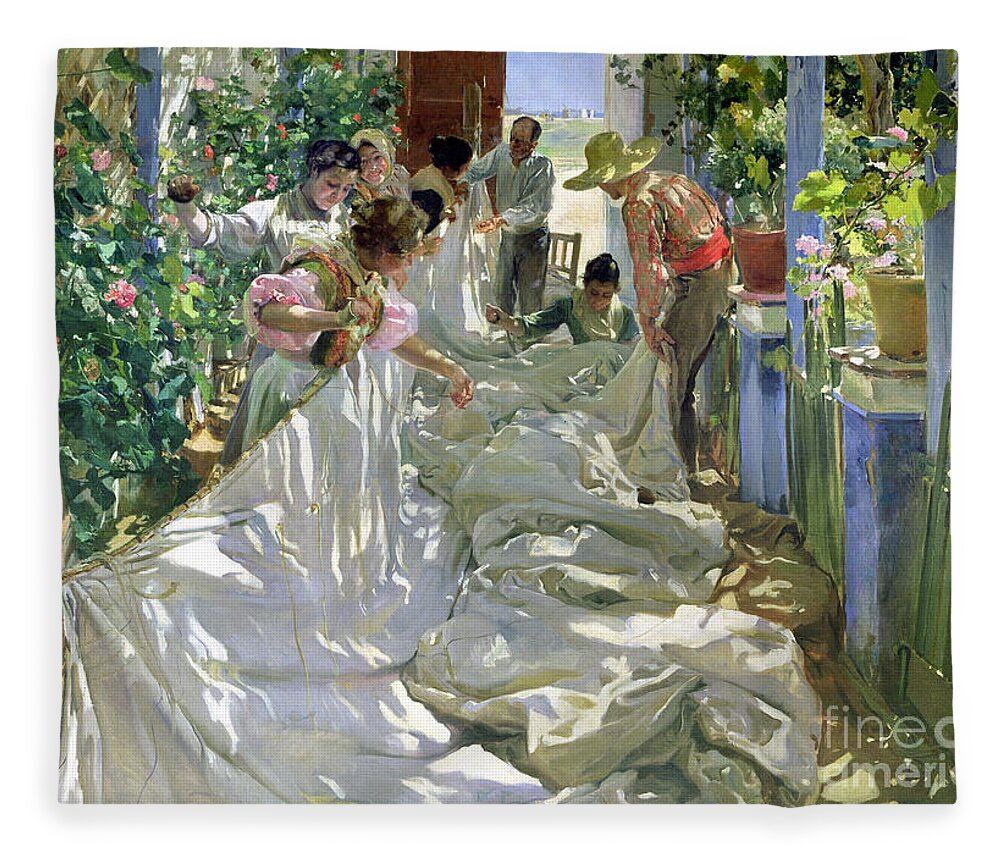 Sewing;straw Hat;geranium;sunshine;worker;workers;greenhouse;conservatory;interior; Pagoda Fleece Blanket featuring the painting Mending the Sail by Joaquin Sorolla y Bastida