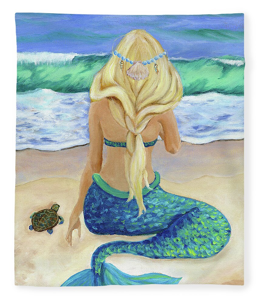 Mermaid Fleece Blanket featuring the painting Mermaid and Turtle by Donna Tucker