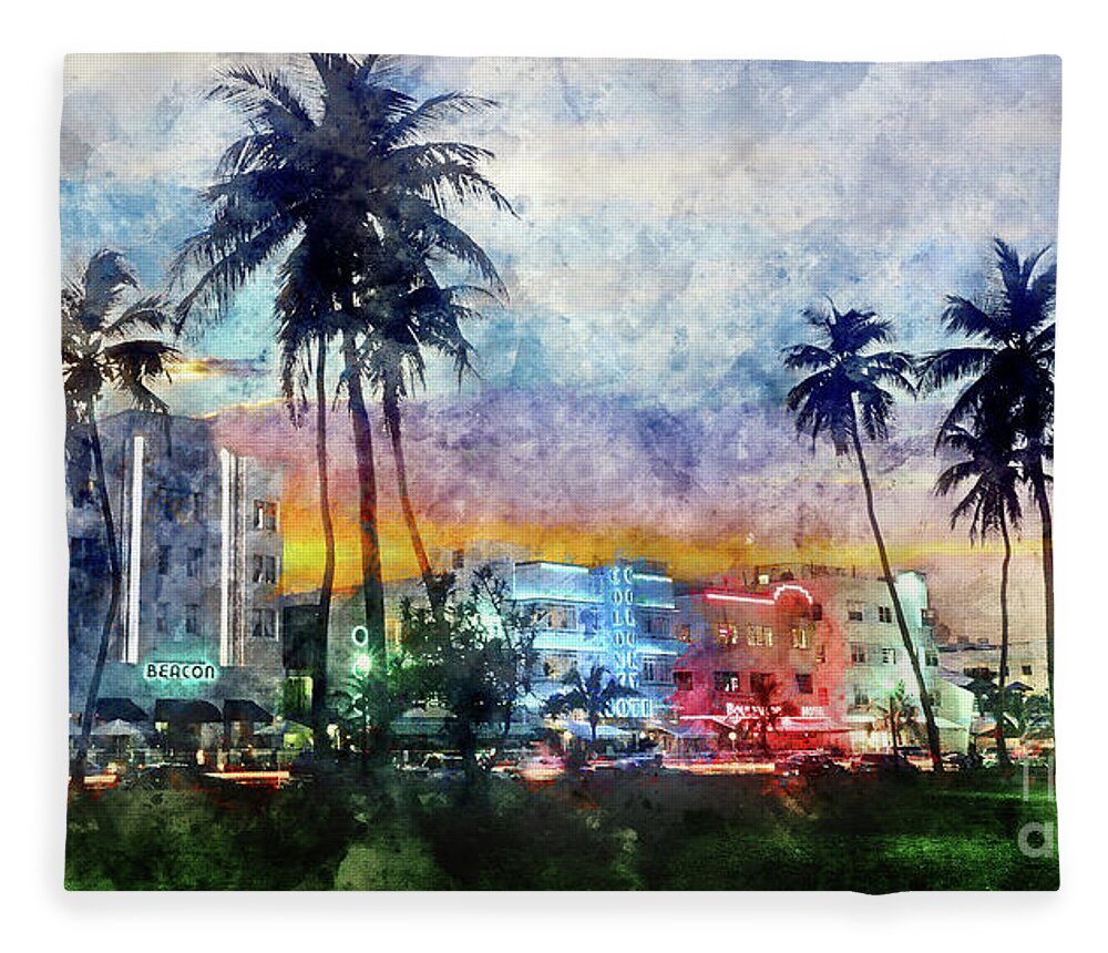 South Beach Fleece Blanket featuring the photograph Miami Beach Watercolor by Jon Neidert