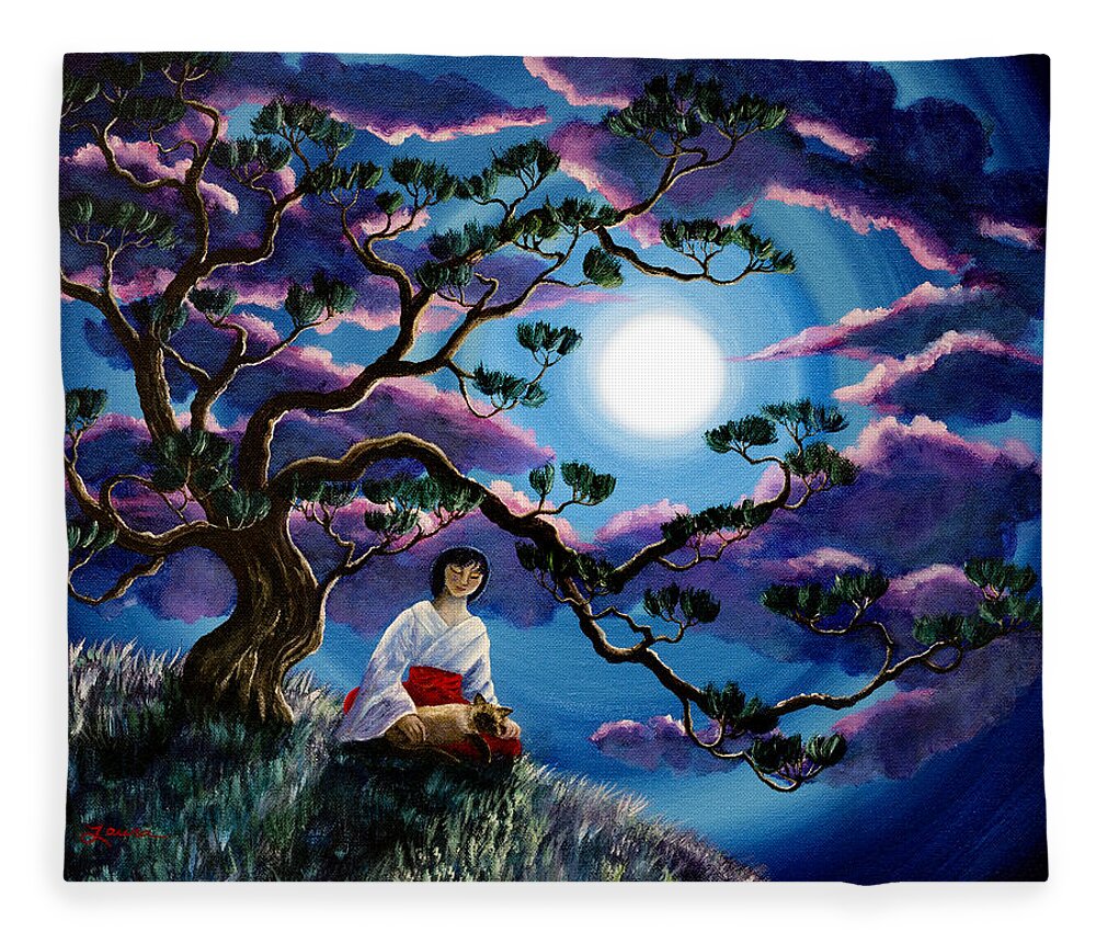Landscape Fleece Blanket featuring the painting Miko and Cat Meditation by Laura Iverson