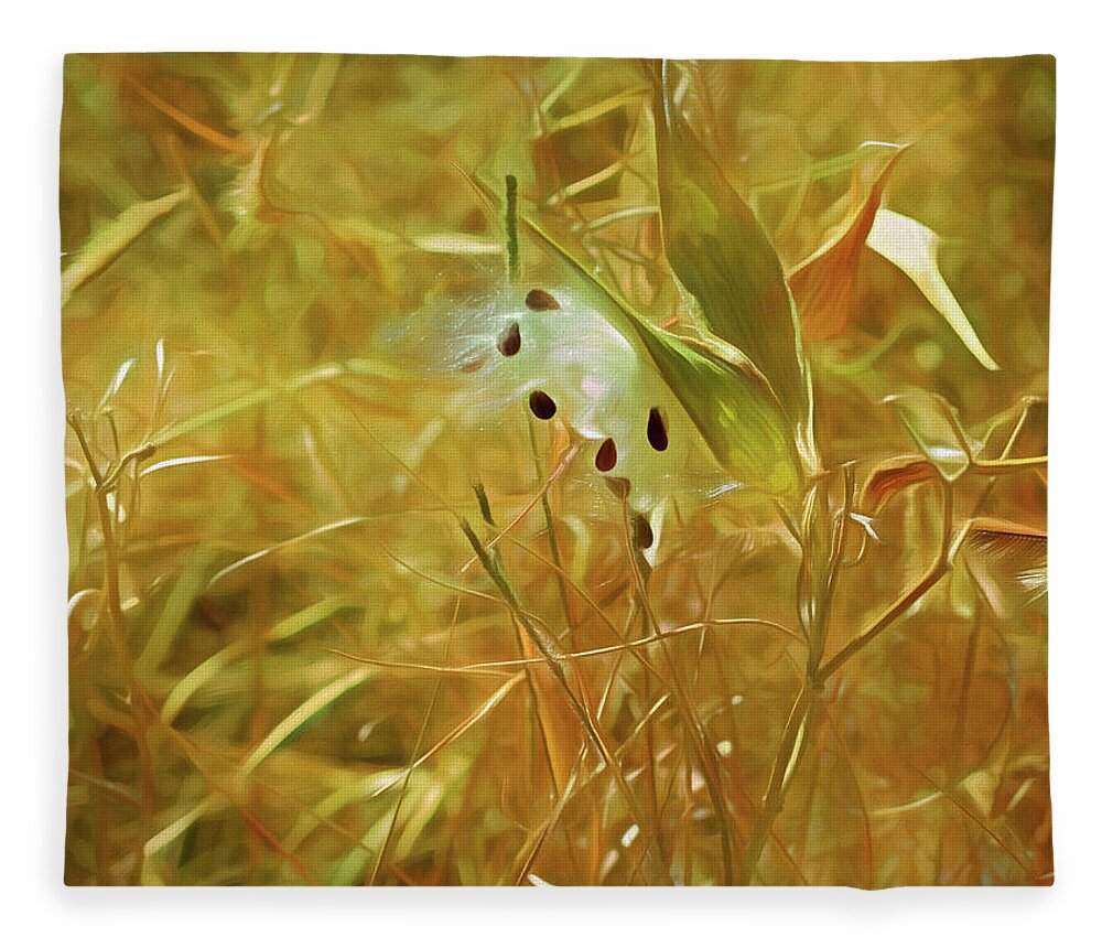  Floral Fleece Blanket featuring the mixed media Milkweed in Sunlight 2 by Lynda Lehmann