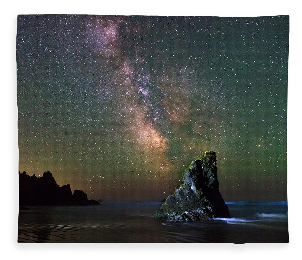 Night Photography; Rocks; Milky Way; Beach; Water; Bioluminescent Phytoplankton; Glowing Blue; Ruby Beach Fleece Blanket featuring the digital art Milky Way at Ruby Beach, WA by Michael Lee