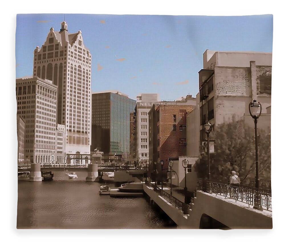 River Fleece Blanket featuring the digital art Milwaukee Riverwalk by Anita Burgermeister